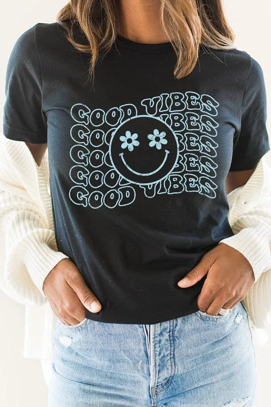 Good Vibes Flower Eyes Smiley Summer Graphic Tee