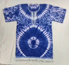 Hebrew Israelite Embroidered Tie-dye Dashiki w/ White Fringes (Blue)
