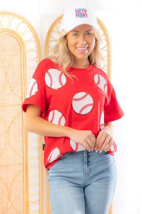 Home Run Hitter Red Sequin Baseball Tee