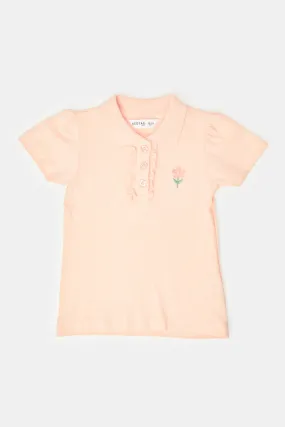 Infant Girls Orange Flower Embroidery Polo T-Shirt