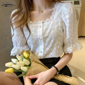 Joskaa Christmas Gift Summer 2024 Shirt Korean Style Wild Lace Shirt Women Square Collar Short Sleeve Hollow Out Vintage Elegant Blouse Blusas 13934