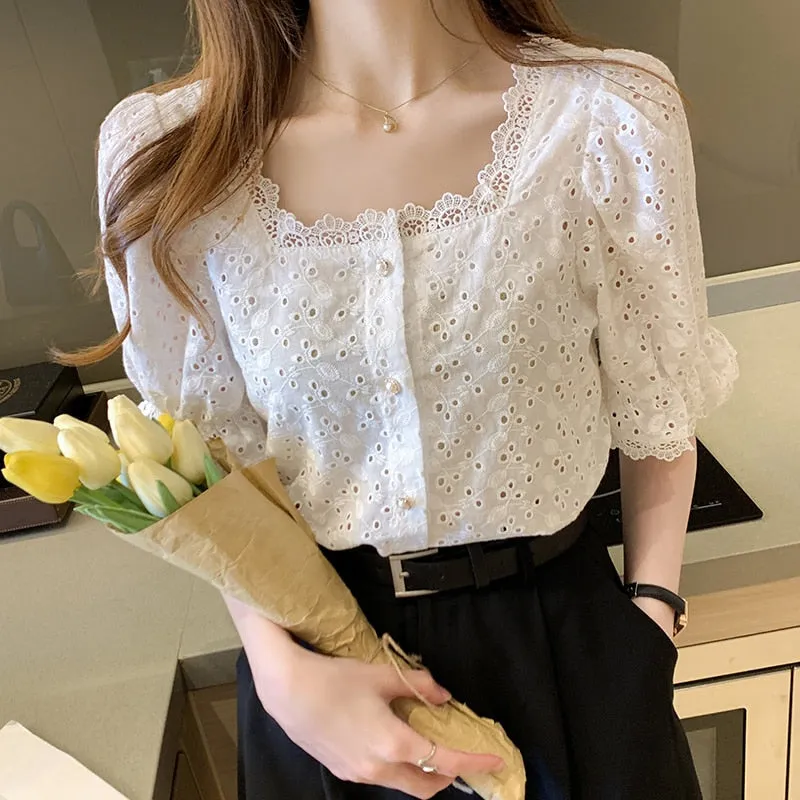 Joskaa Christmas Gift Summer 2024 Shirt Korean Style Wild Lace Shirt Women Square Collar Short Sleeve Hollow Out Vintage Elegant Blouse Blusas 13934