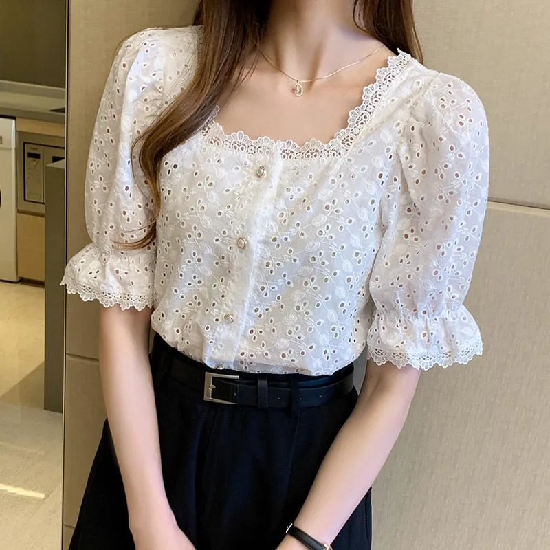 Joskaa Christmas Gift Summer 2024 Shirt Korean Style Wild Lace Shirt Women Square Collar Short Sleeve Hollow Out Vintage Elegant Blouse Blusas 13934