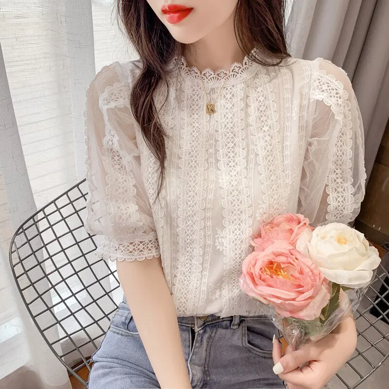 Joskaa Christmas Gift Sweet White Lace Blouse Short Lantern Sleeve Shirt 2024 Summer New Beautiful Shirts Women Tops Stand Collar Casual Clothes 14414