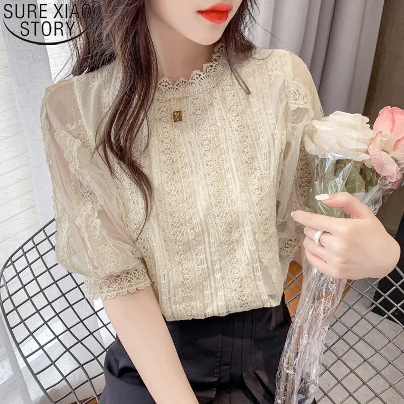 Joskaa Christmas Gift Sweet White Lace Blouse Short Lantern Sleeve Shirt 2024 Summer New Beautiful Shirts Women Tops Stand Collar Casual Clothes 14414