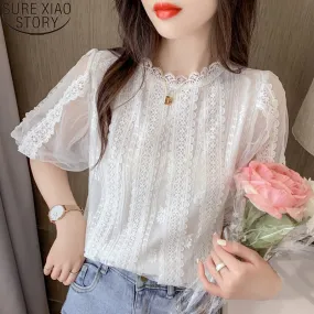 Joskaa Christmas Gift Sweet White Lace Blouse Short Lantern Sleeve Shirt 2024 Summer New Beautiful Shirts Women Tops Stand Collar Casual Clothes 14414
