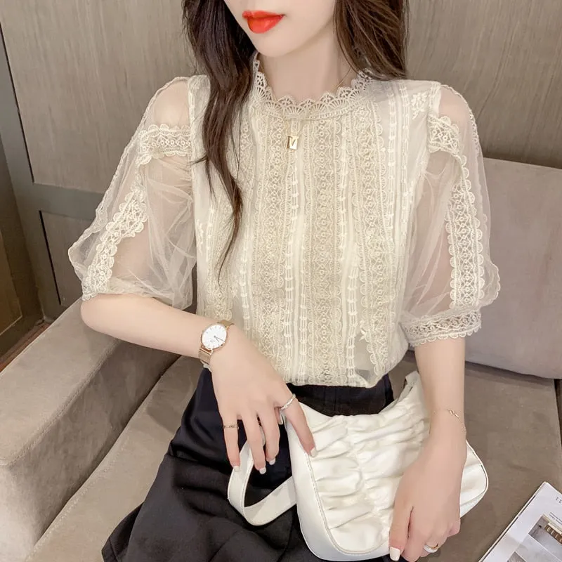 Joskaa Christmas Gift Sweet White Lace Blouse Short Lantern Sleeve Shirt 2024 Summer New Beautiful Shirts Women Tops Stand Collar Casual Clothes 14414