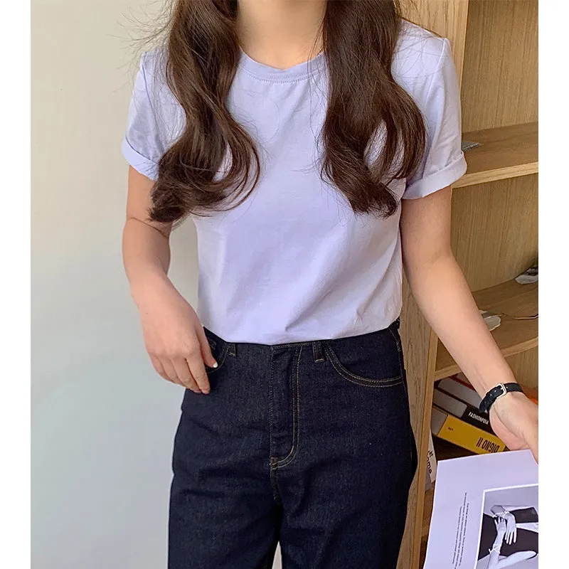 Korean Minimalist Basic Slim Look Round-Neck Short Sleeve T-Shirt Tops Women T-Shirt