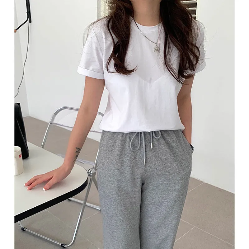 Korean Minimalist Basic Slim Look Round-Neck Short Sleeve T-Shirt Tops Women T-Shirt