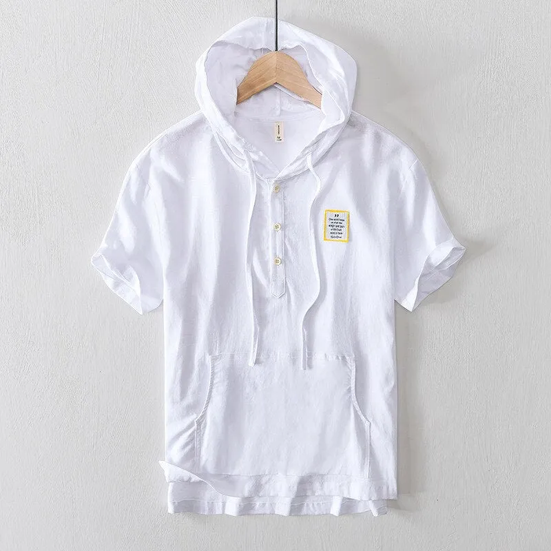 Linen Hooded Casual Short-Sleeved Pullover Shirt