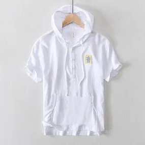 Linen Hooded Casual Short-Sleeved Pullover Shirt