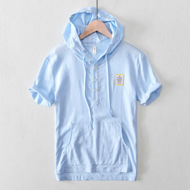 Linen Hooded Casual Short-Sleeved Pullover Shirt