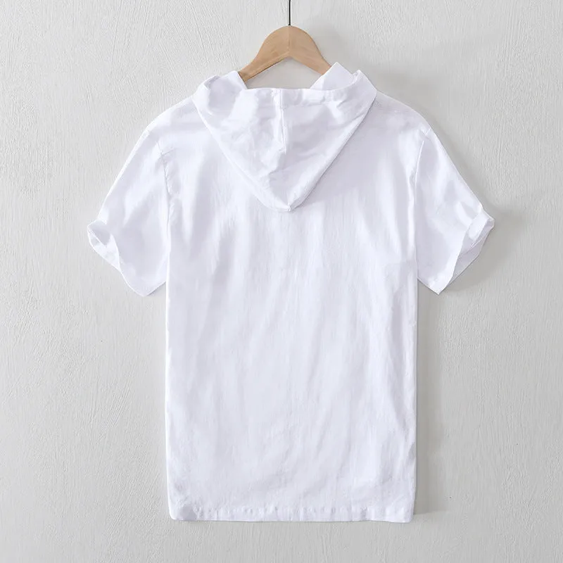 Linen Hooded Casual Short-Sleeved Pullover Shirt