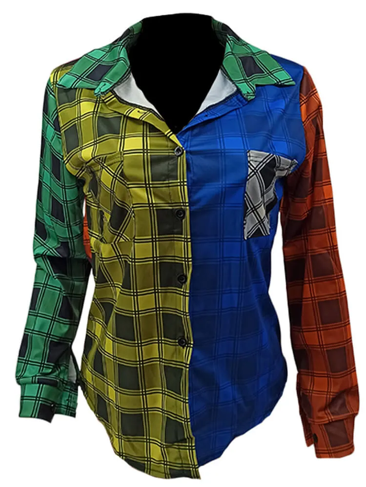Long Sleeve Plaid Color Block Bodycon Shirts
