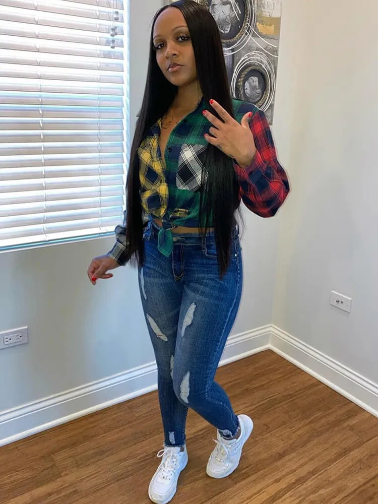 Long Sleeve Plaid Color Block Bodycon Shirts