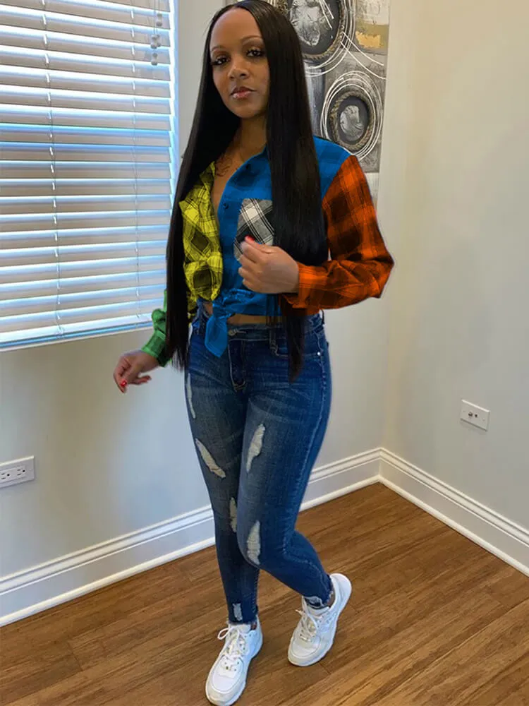 Long Sleeve Plaid Color Block Bodycon Shirts