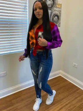Long Sleeve Plaid Color Block Bodycon Shirts