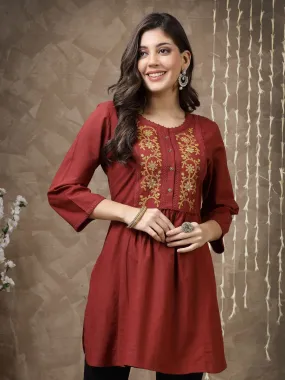 Maroon Embroidered Cotton Tunic