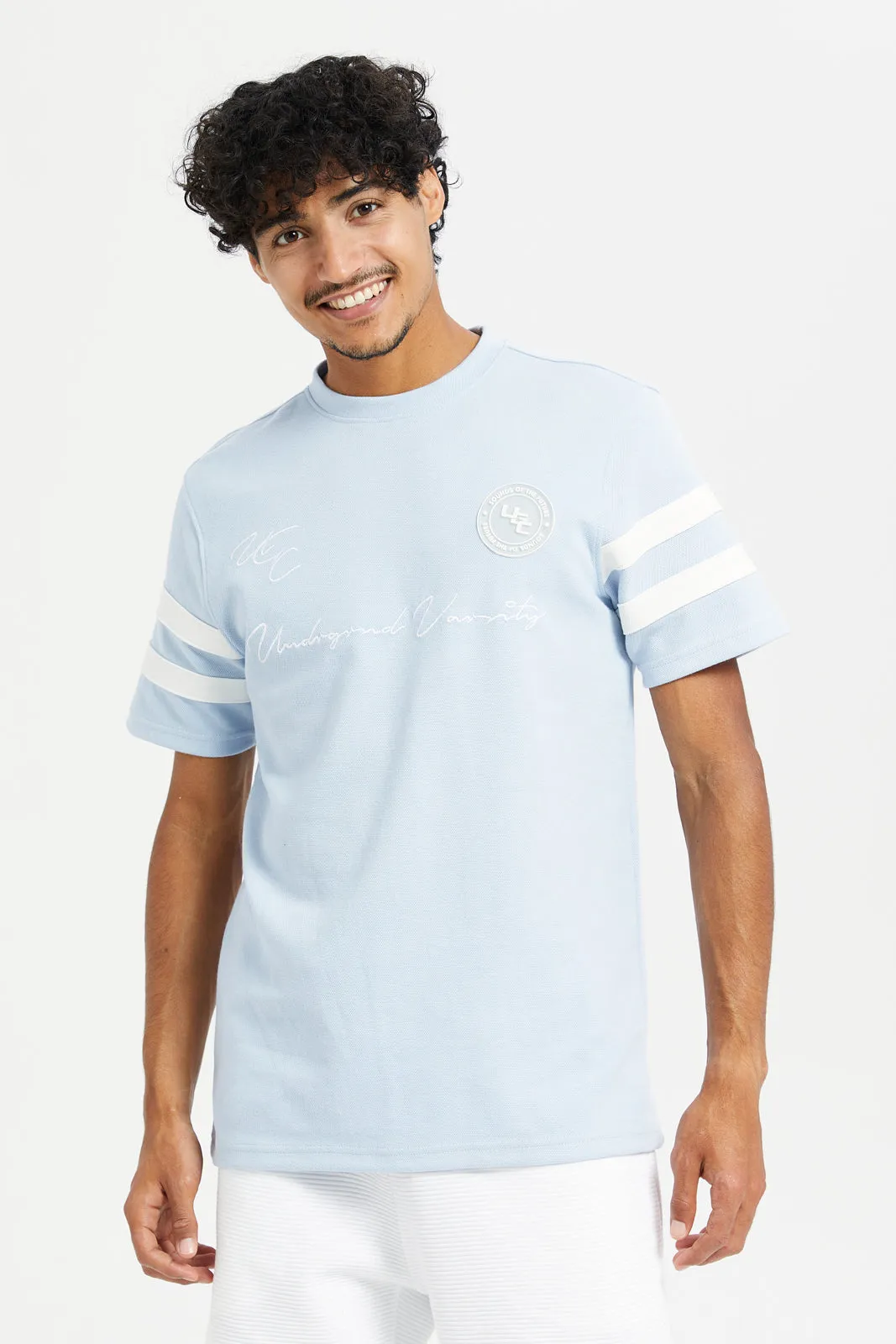 Men Blue Sleeve Stripe T-Shirt