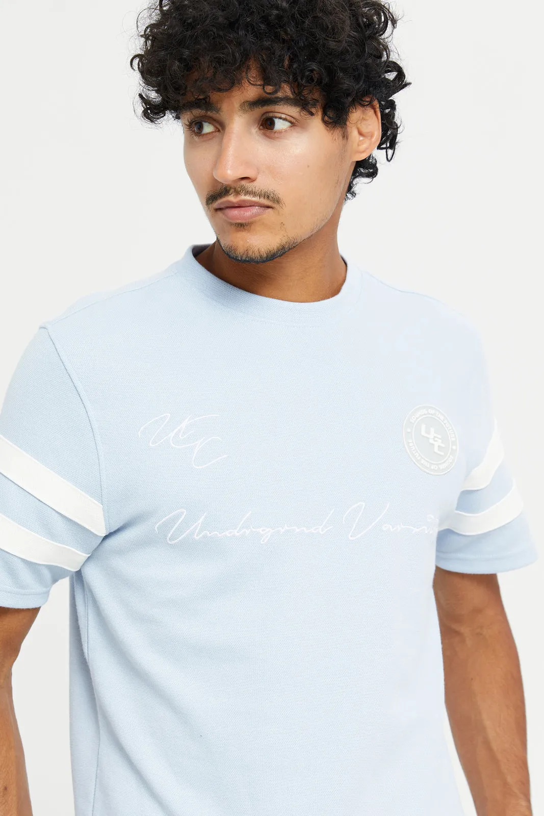 Men Blue Sleeve Stripe T-Shirt