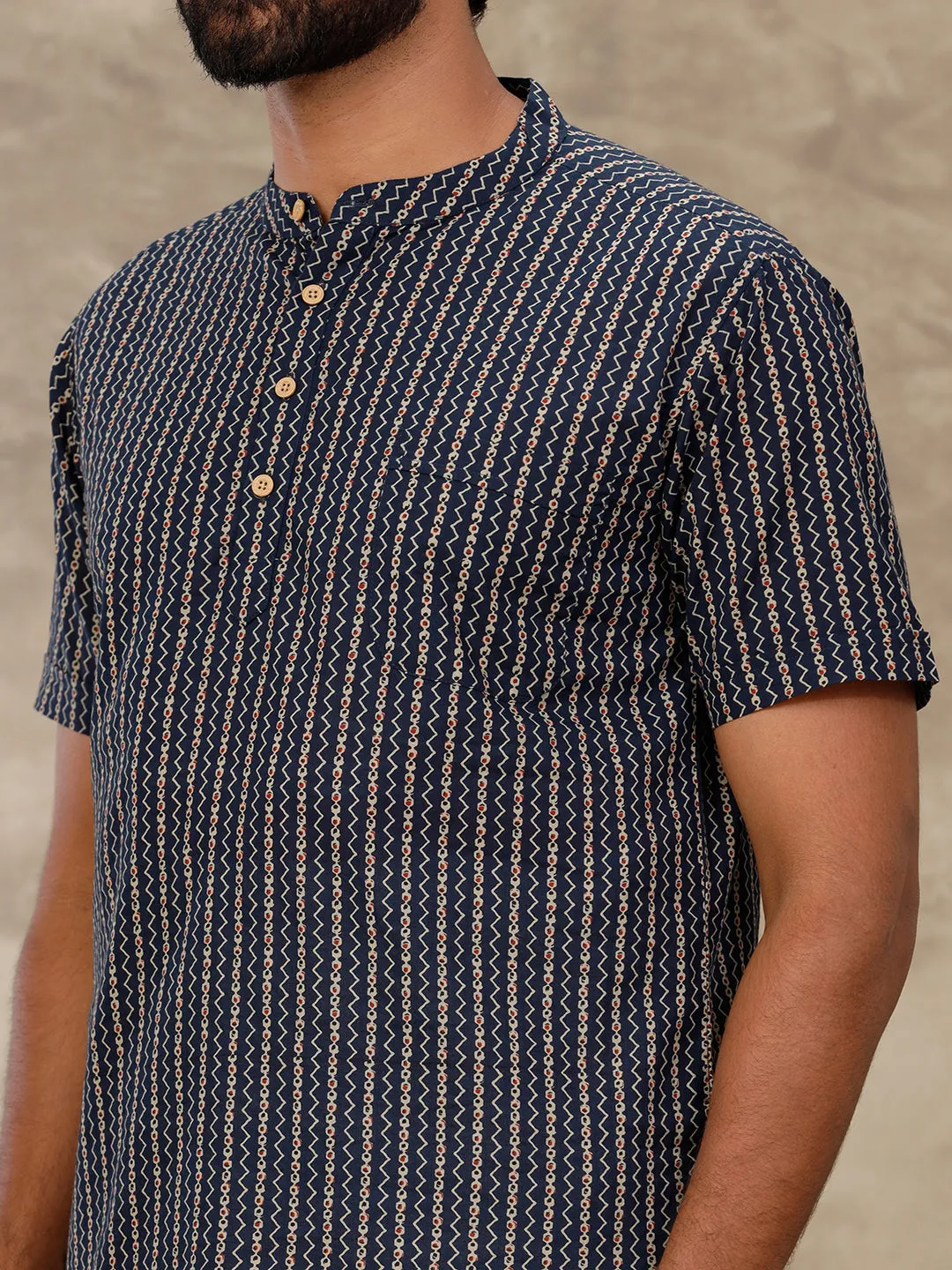 Men Short Length Pocket Kurta Navy Blue OC9