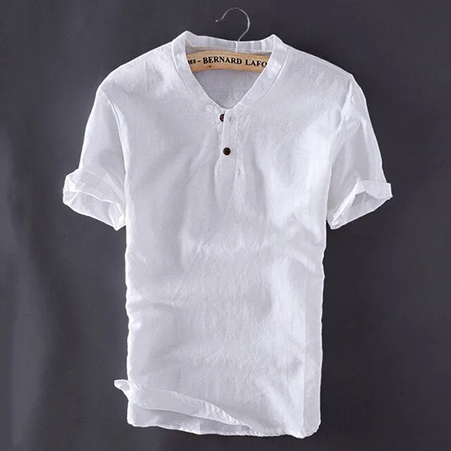 Men's Cotton Linen Shirts Short Sleeve Slim Fit Shirts