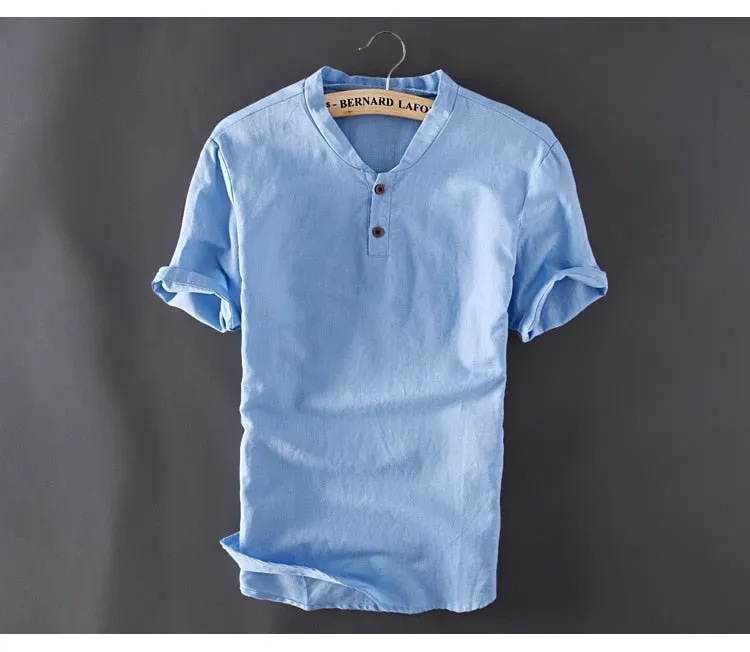Men's Cotton Linen Shirts Short Sleeve Slim Fit Shirts