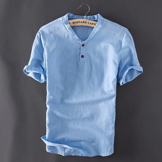 Men's Cotton Linen Shirts Short Sleeve Slim Fit Shirts
