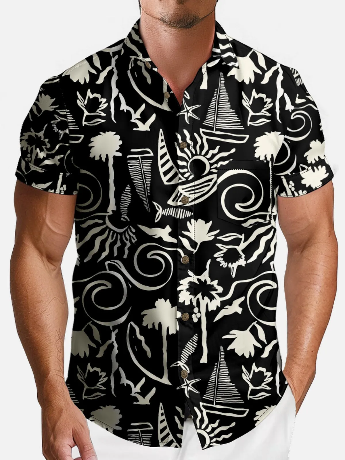 Men's Monochrome Floral Short Sleeve Shirt