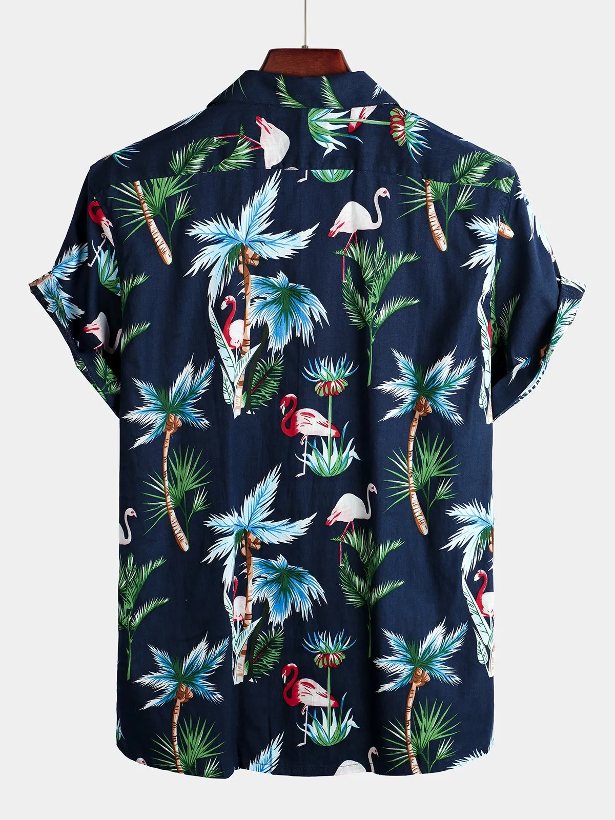 Men's Navy Blue Flamingo Print Cotton Hawaiian Short Sleeve Shirt