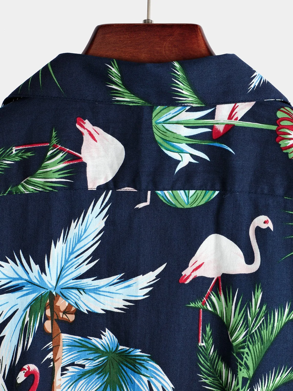 Men's Navy Blue Flamingo Print Cotton Hawaiian Short Sleeve Shirt
