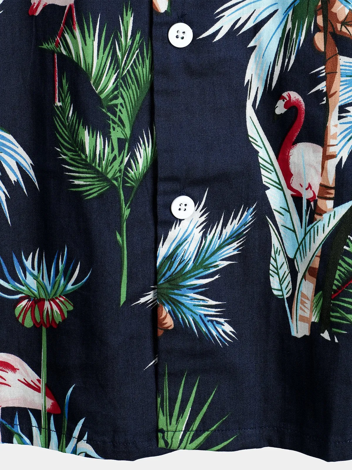 Men's Navy Blue Flamingo Print Cotton Hawaiian Short Sleeve Shirt
