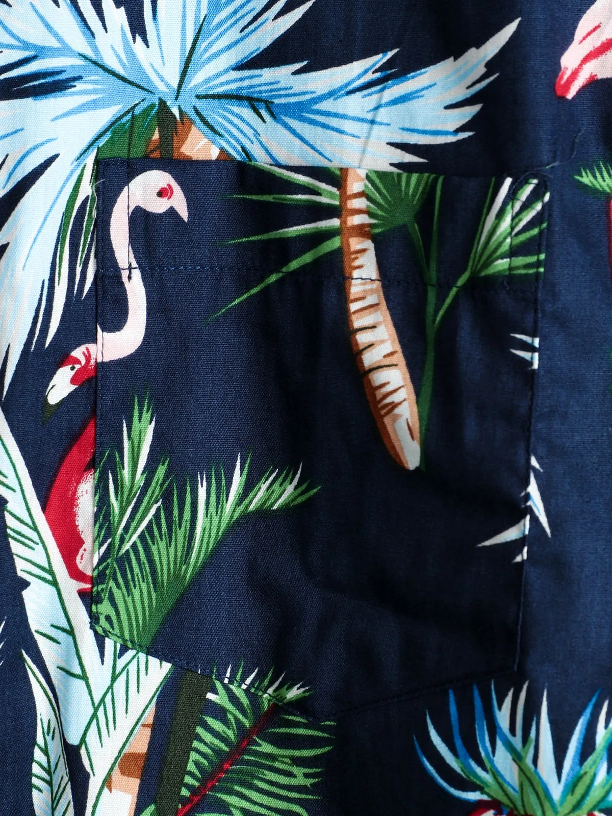 Men's Navy Blue Flamingo Print Cotton Hawaiian Short Sleeve Shirt