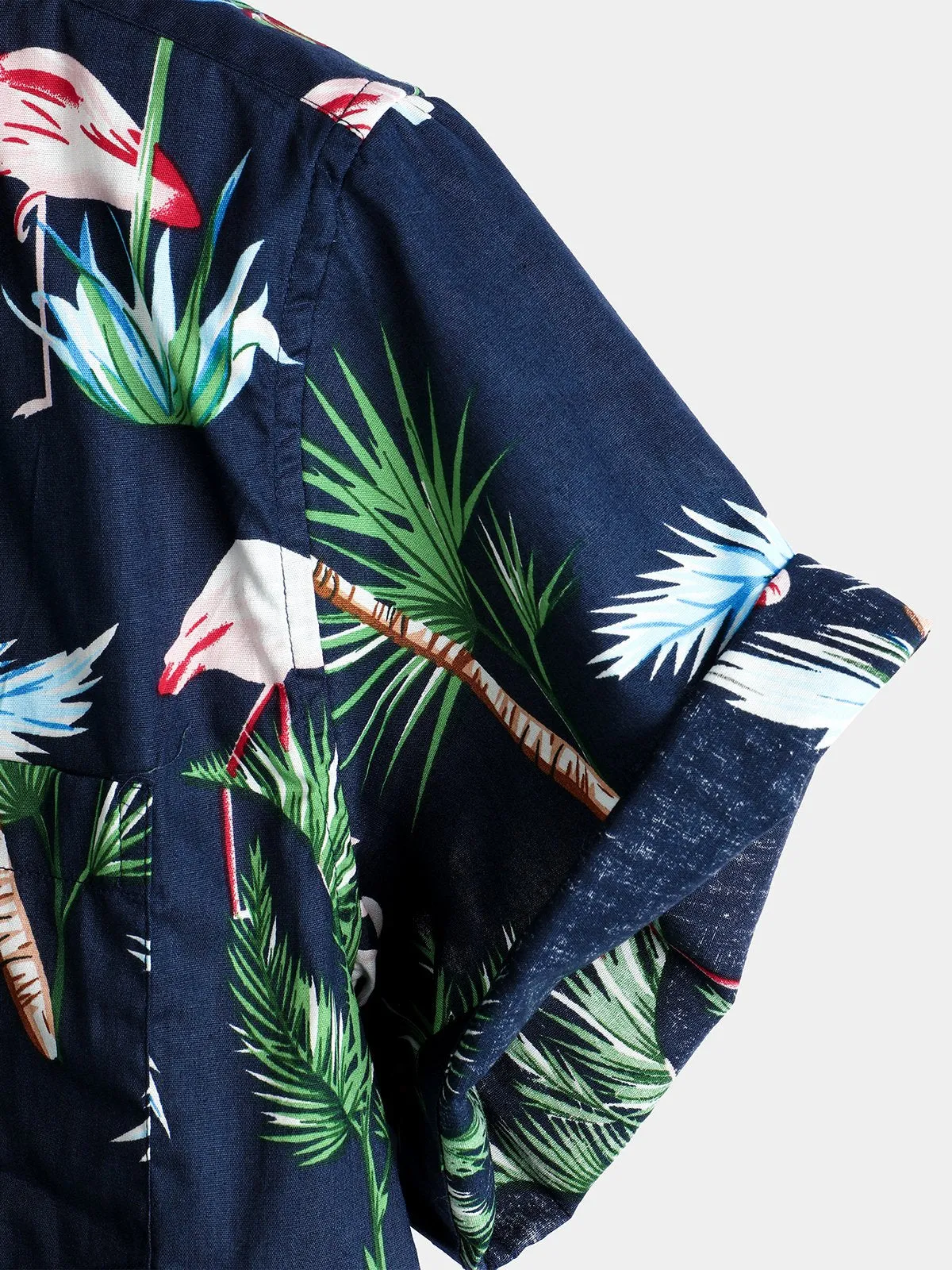 Men's Navy Blue Flamingo Print Cotton Hawaiian Short Sleeve Shirt