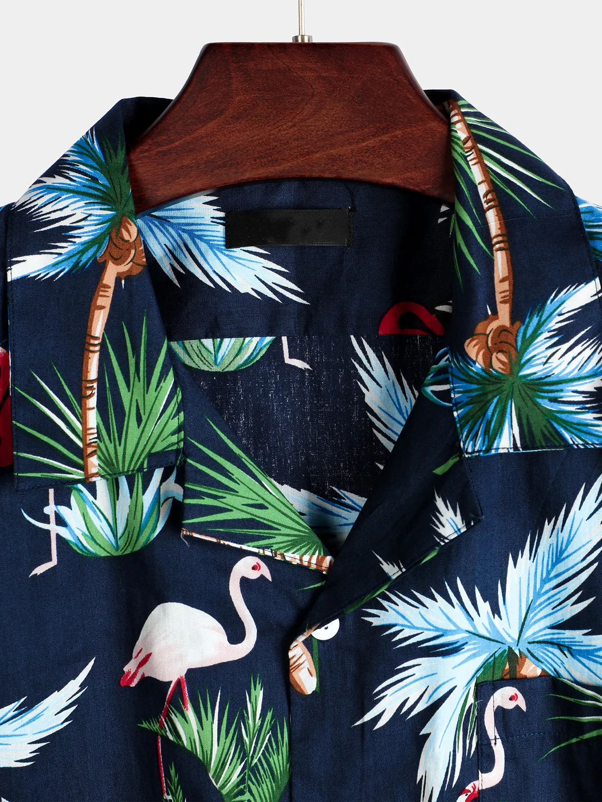 Men's Navy Blue Flamingo Print Cotton Hawaiian Short Sleeve Shirt