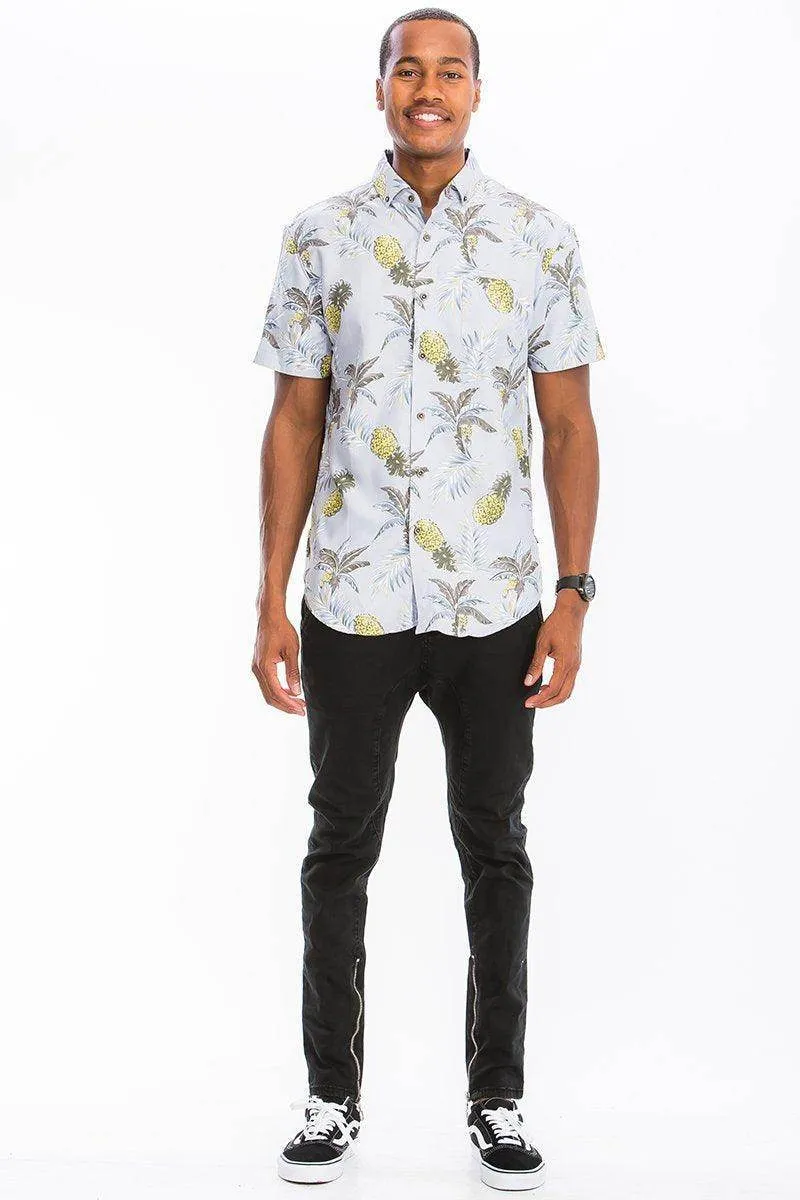Mens White Pineapple Hawaiian Shirt Button Down