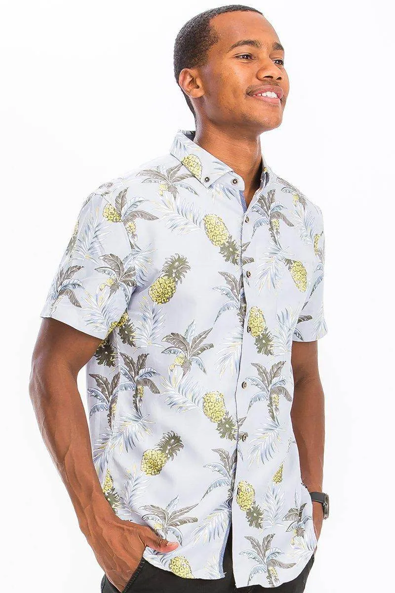 Mens White Pineapple Hawaiian Shirt Button Down