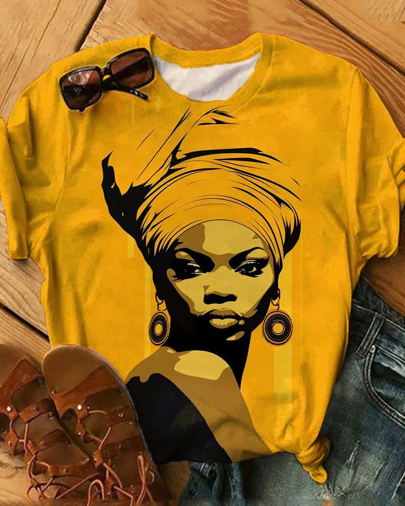 Minimalist Casual Printed Black Women's Short Sleeved T-shirt