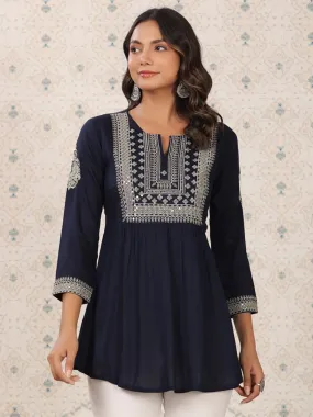 Navy Blue Sequinned A-Line Short Kurti