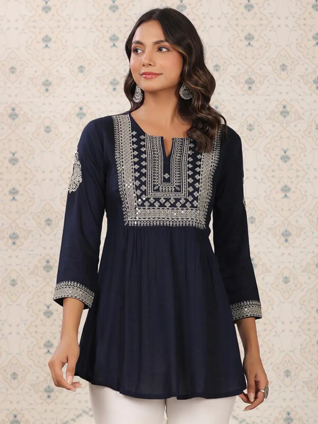 Navy Blue Sequinned A-Line Short Kurti
