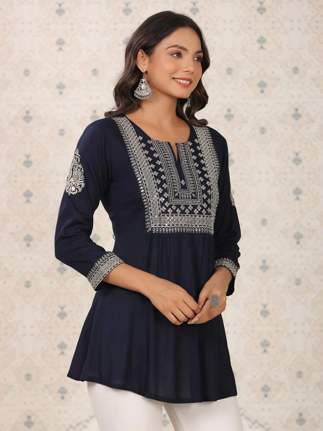 Navy Blue Sequinned A-Line Short Kurti