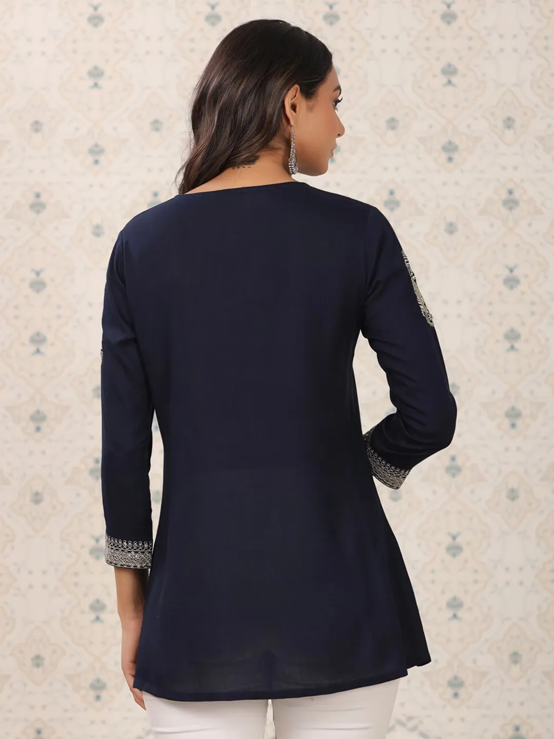 Navy Blue Sequinned A-Line Short Kurti