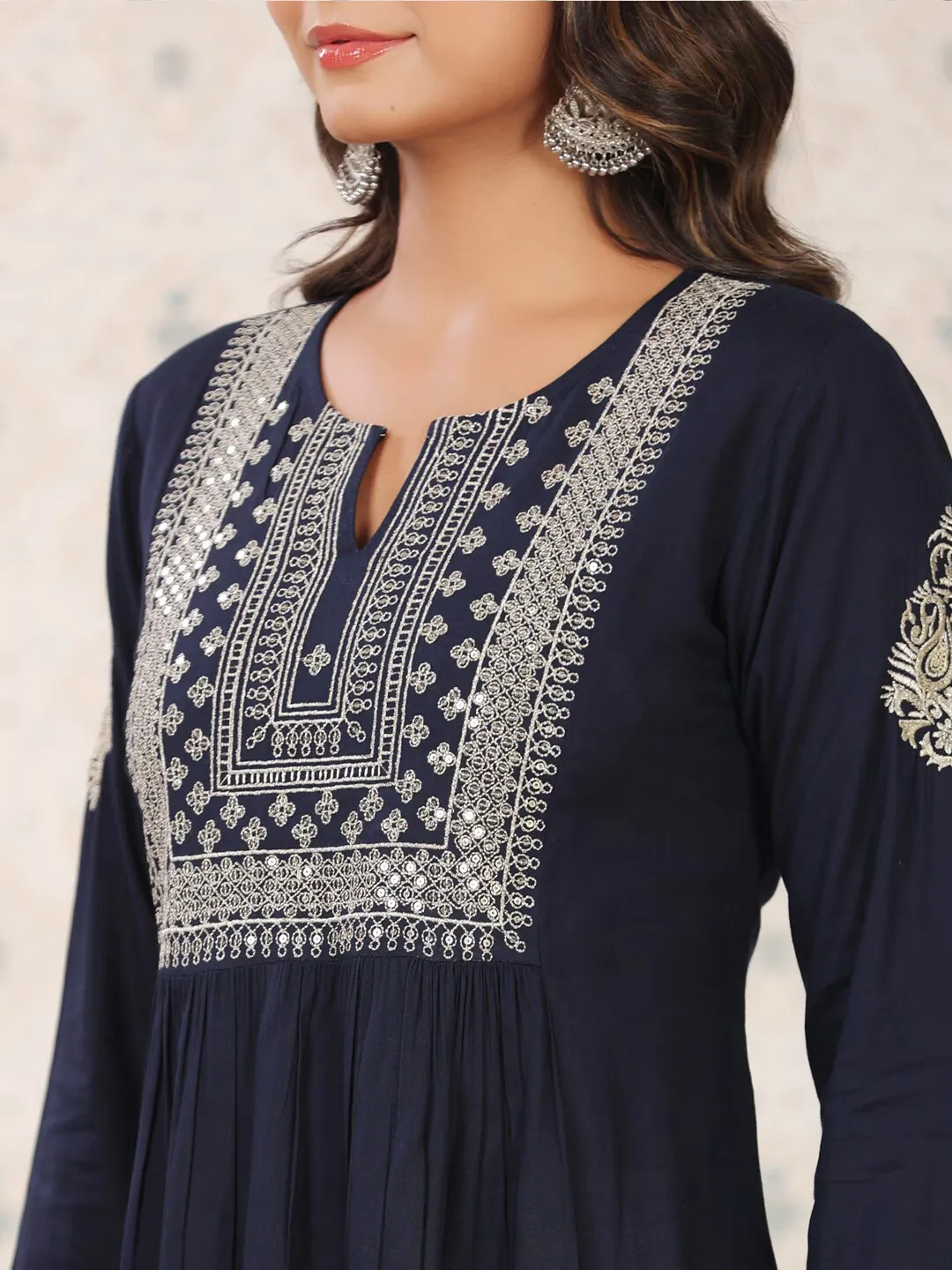 Navy Blue Sequinned A-Line Short Kurti