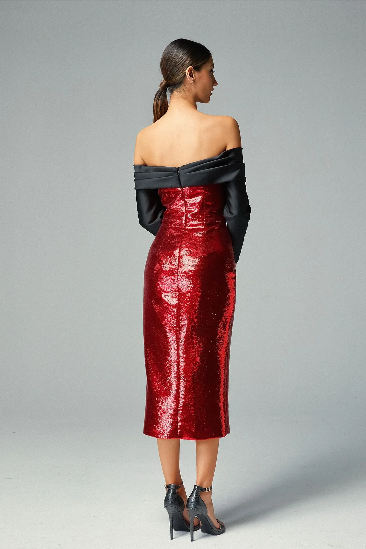 Off-shoulder Black Cady Neckline Long Sleeves with Wrist Swarovski Motifs & Ruby Sequined Skirt
