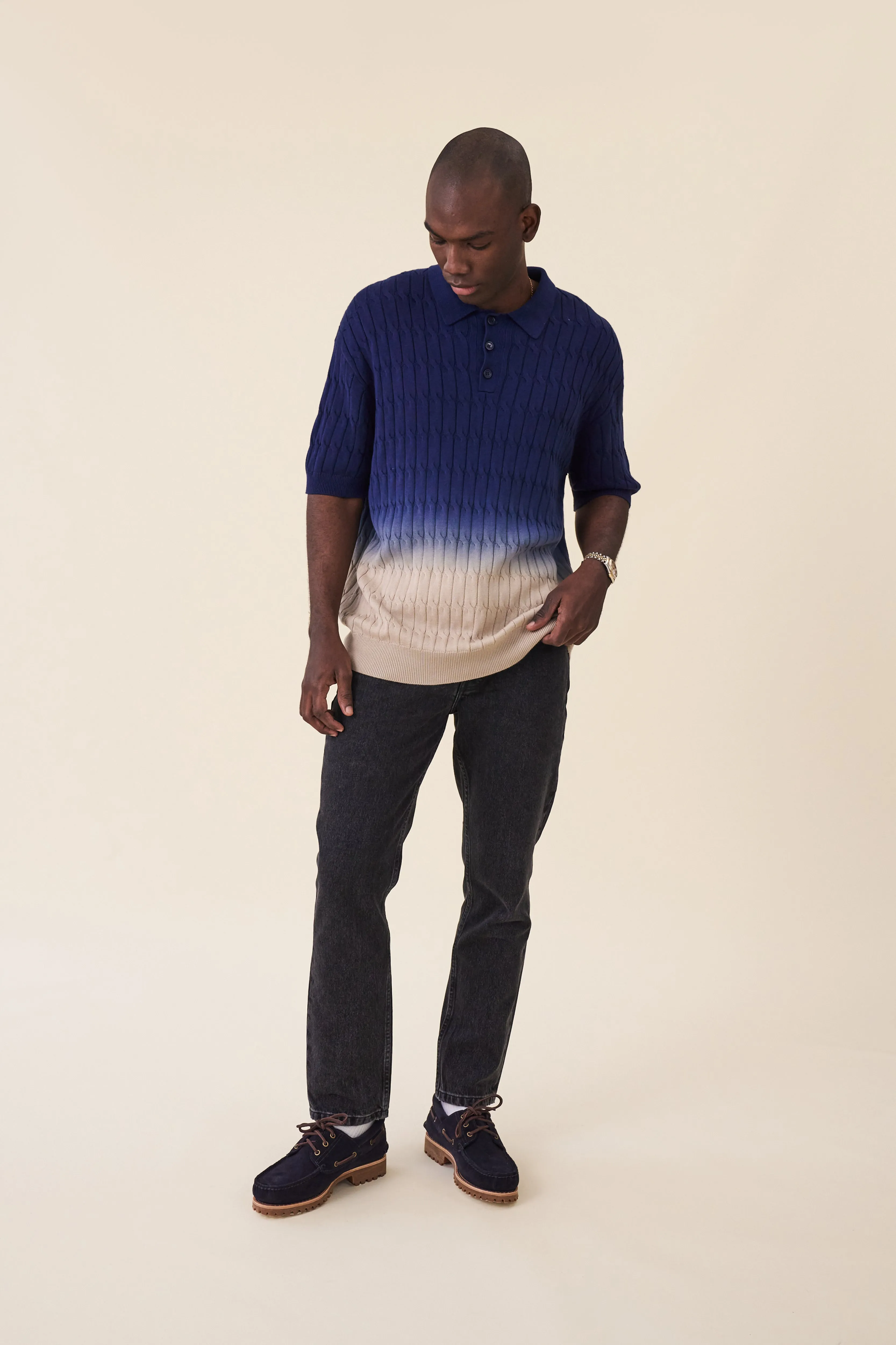OMBRE CABLE KNIT POLO - NAVY / TAN