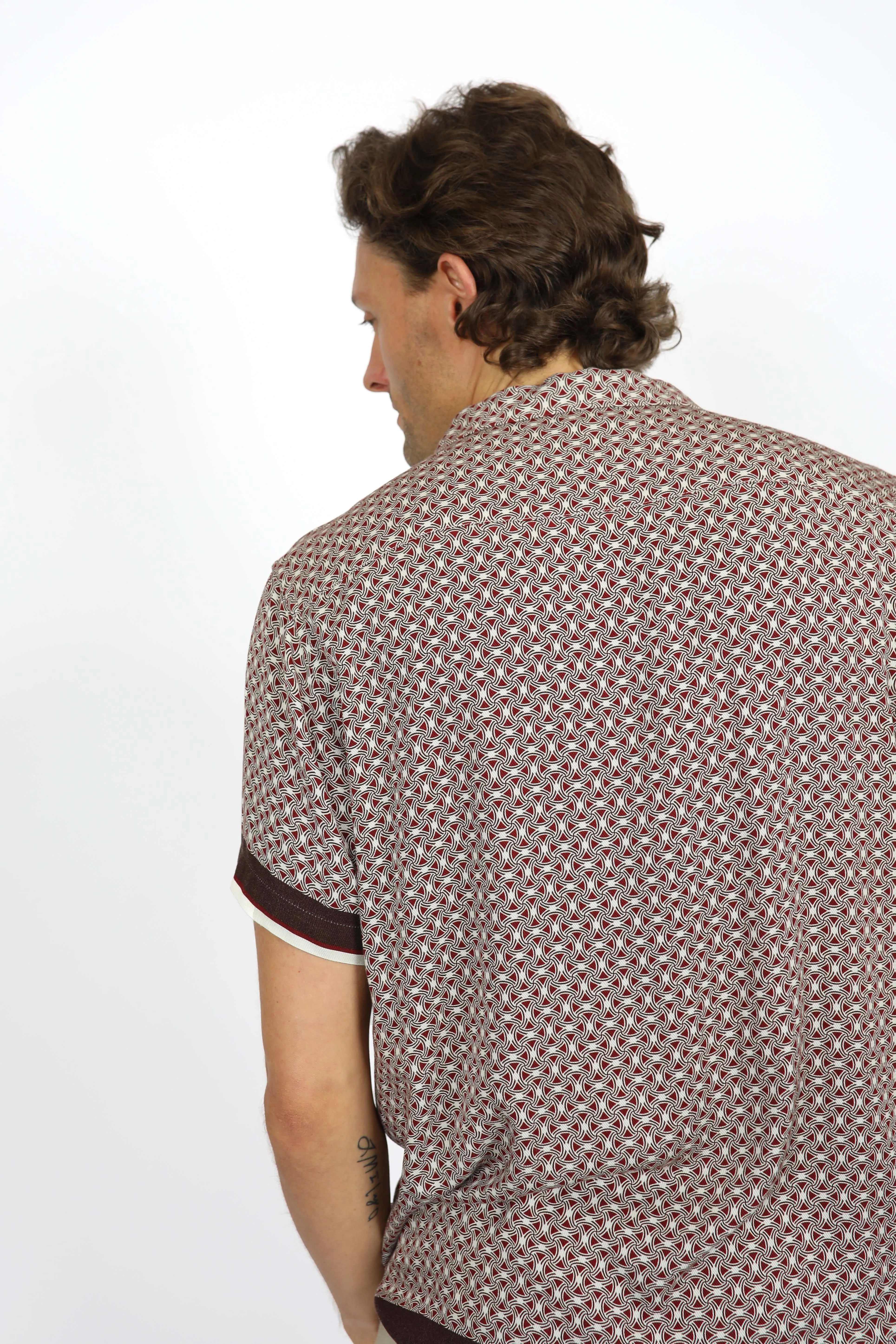 Relaxed Fit Merlot Cuban Collar Border Shirt