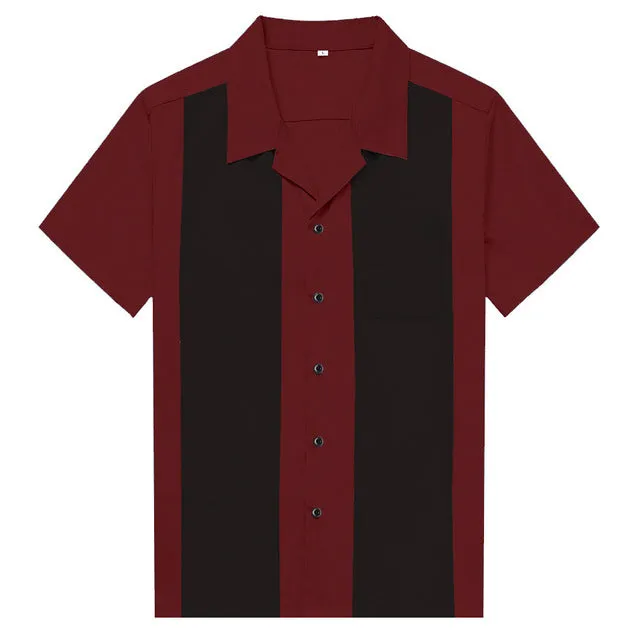 Short Sleeve Black Red Rockabilly Bowling Cotton Casual Shirts for Men