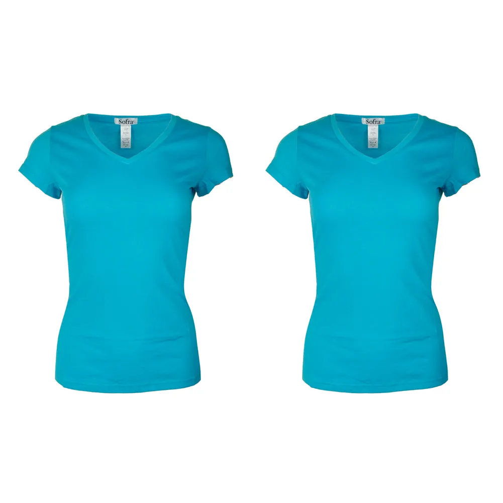 Sofra Ladies 2 Pack Short Sleeve V Neck T-Shirts
