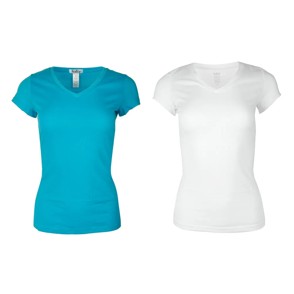 Sofra Ladies 2 Pack Short Sleeve V Neck T-Shirts
