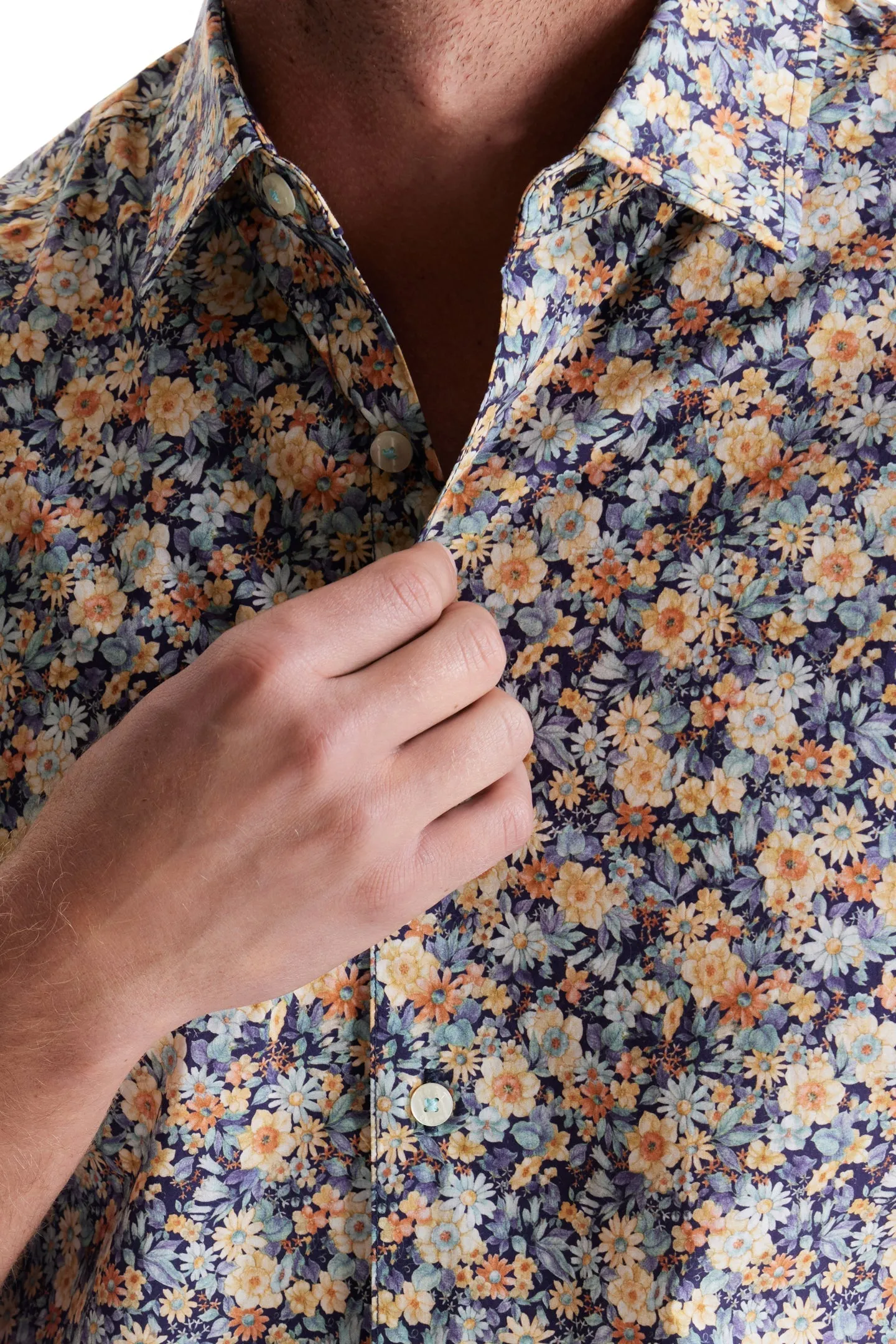 Soft Cloth Collar Shirt in Italian Poplin - Aqua Gardenia Print